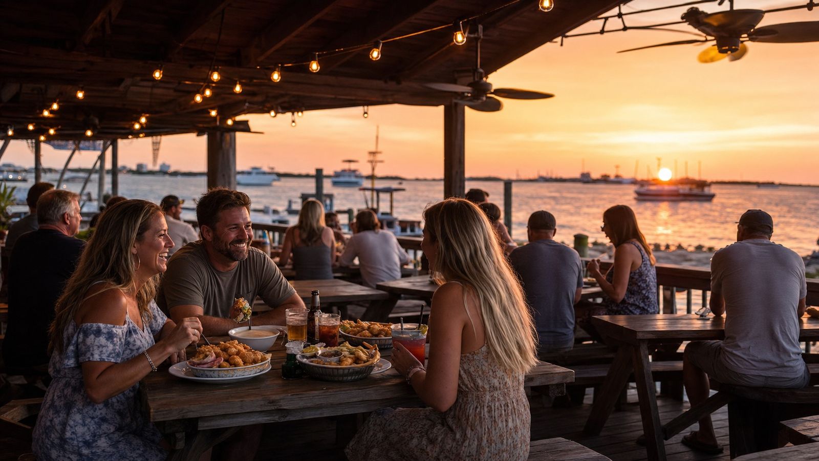 Casual outdoor waterfront seafood restaurant at golden hour on the Florida Gulf Coast