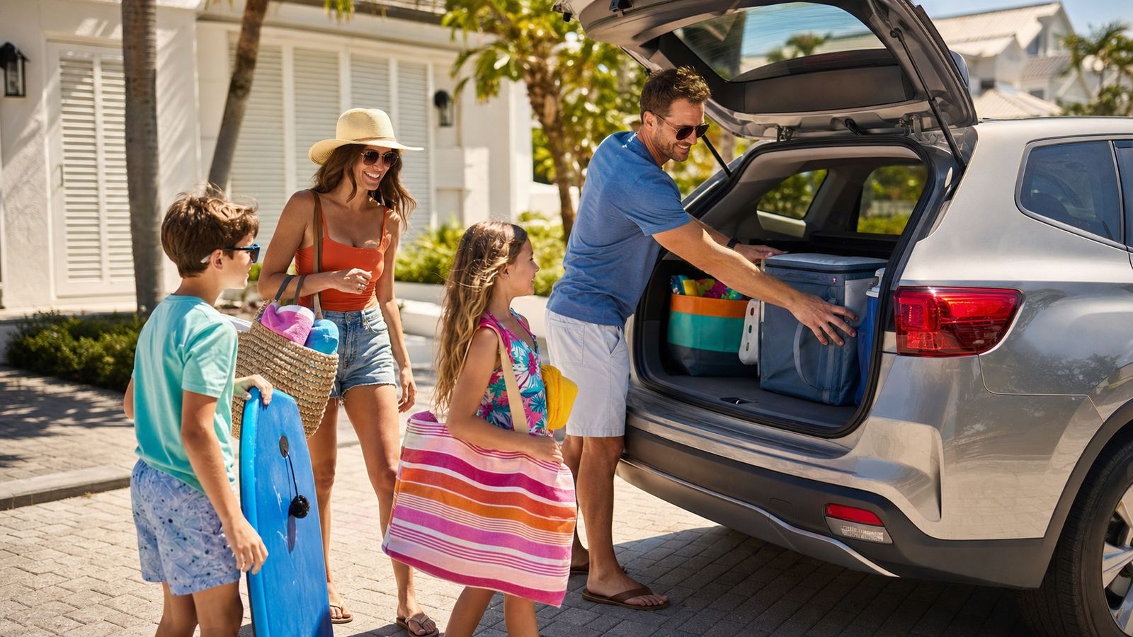 Family loading their SUV for a road trip to a Florida beach vacation