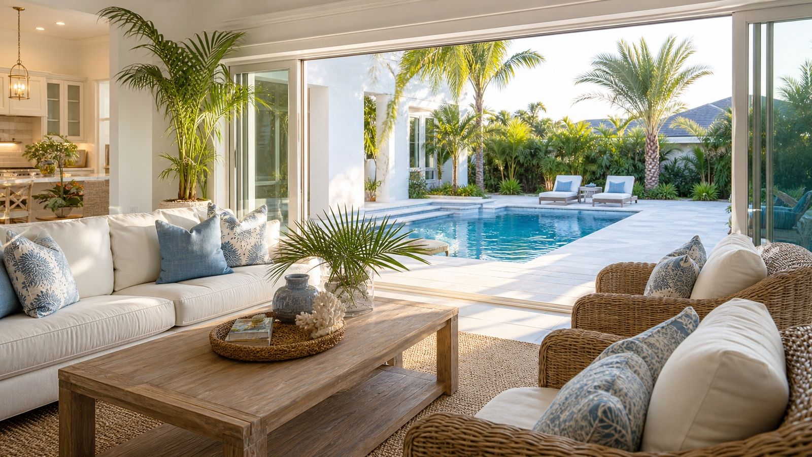 Bright Florida vacation rental home with private pool visible through open sliding doors