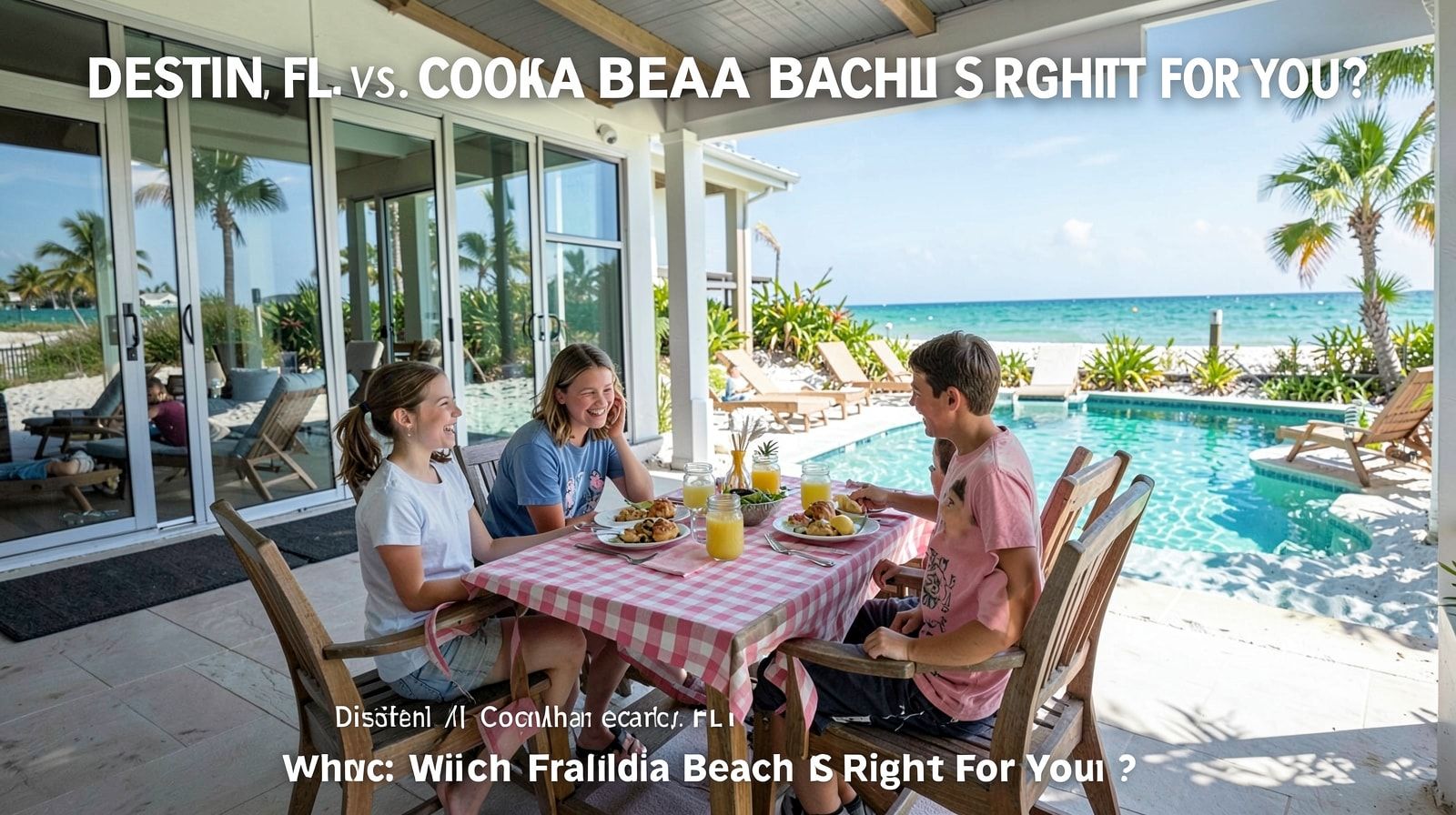 Family enjoying a home-cooked lunch outside a private vacation rental home in Miramar Beach Florida with a pool in the background
