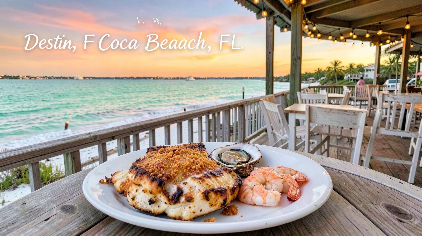 Fresh Gulf seafood platter with grouper, oysters, and shrimp at a Destin Harbor waterfront restaurant at golden hour
