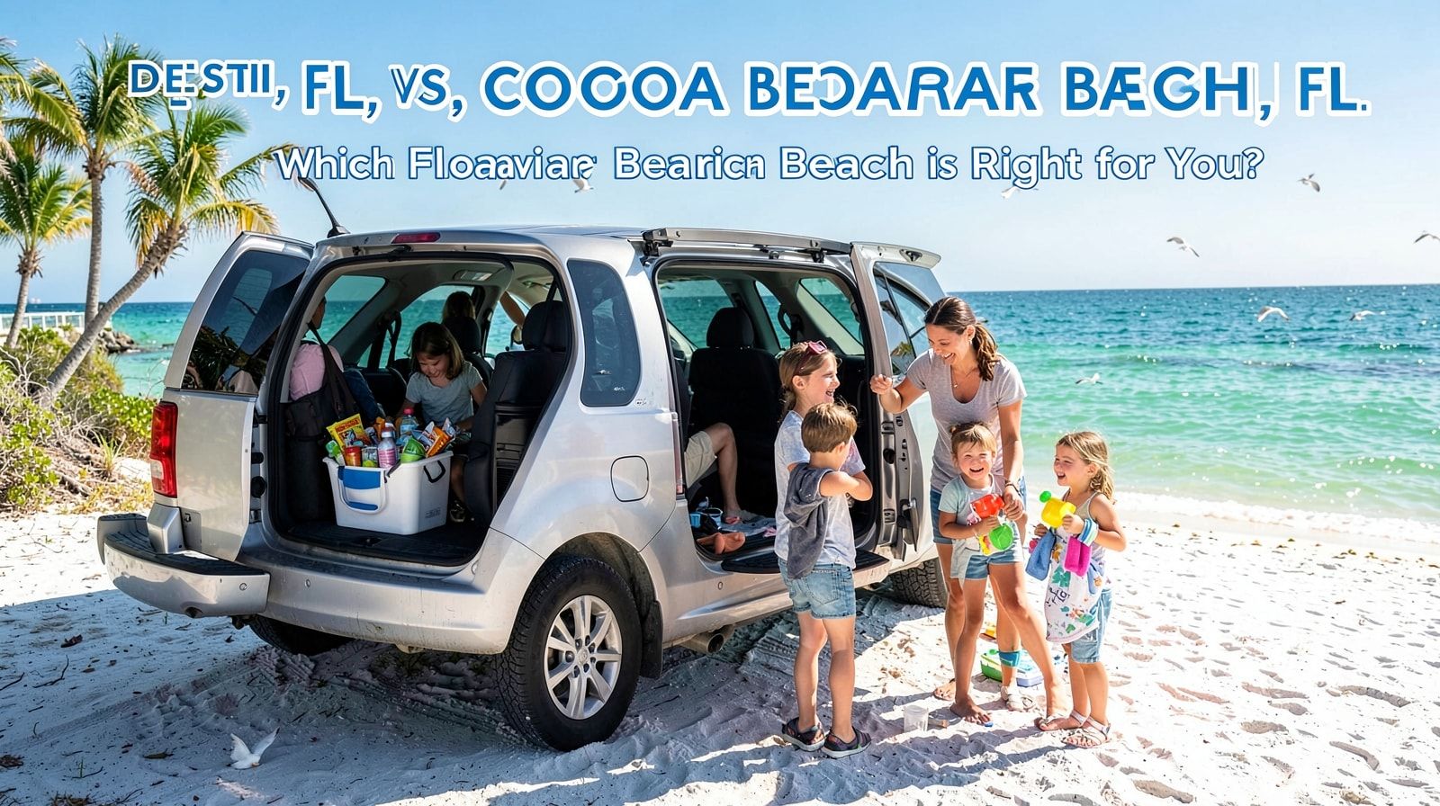 Smiling family packing a minivan for a summer road trip to a Florida beach destination on a sunny morning