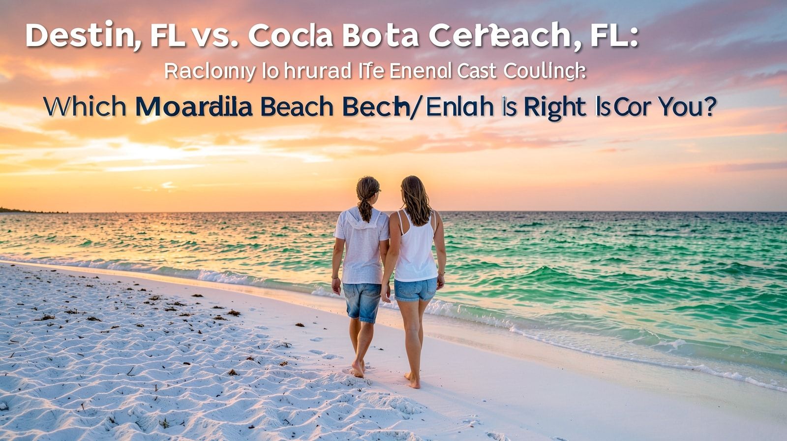 Couple walking barefoot on Destin Florida white sand beach at sunset with the emerald Gulf glowing orange and pink behind them