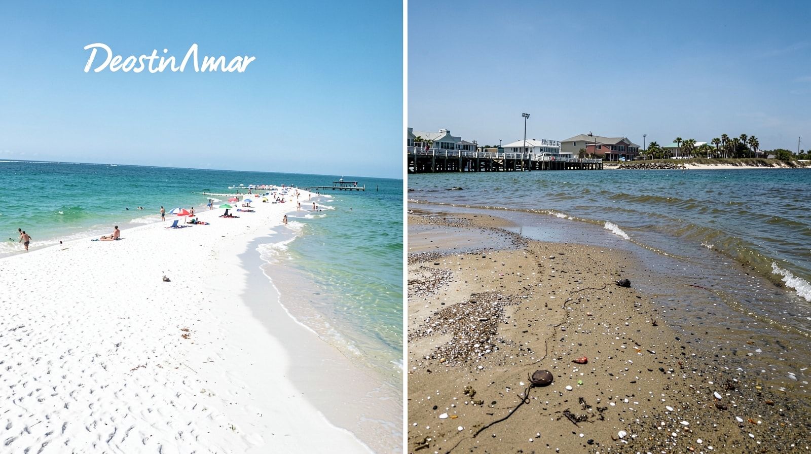 Side-by-side comparison of Destin Florida's emerald water beach versus a Texas Gulf Coast beach