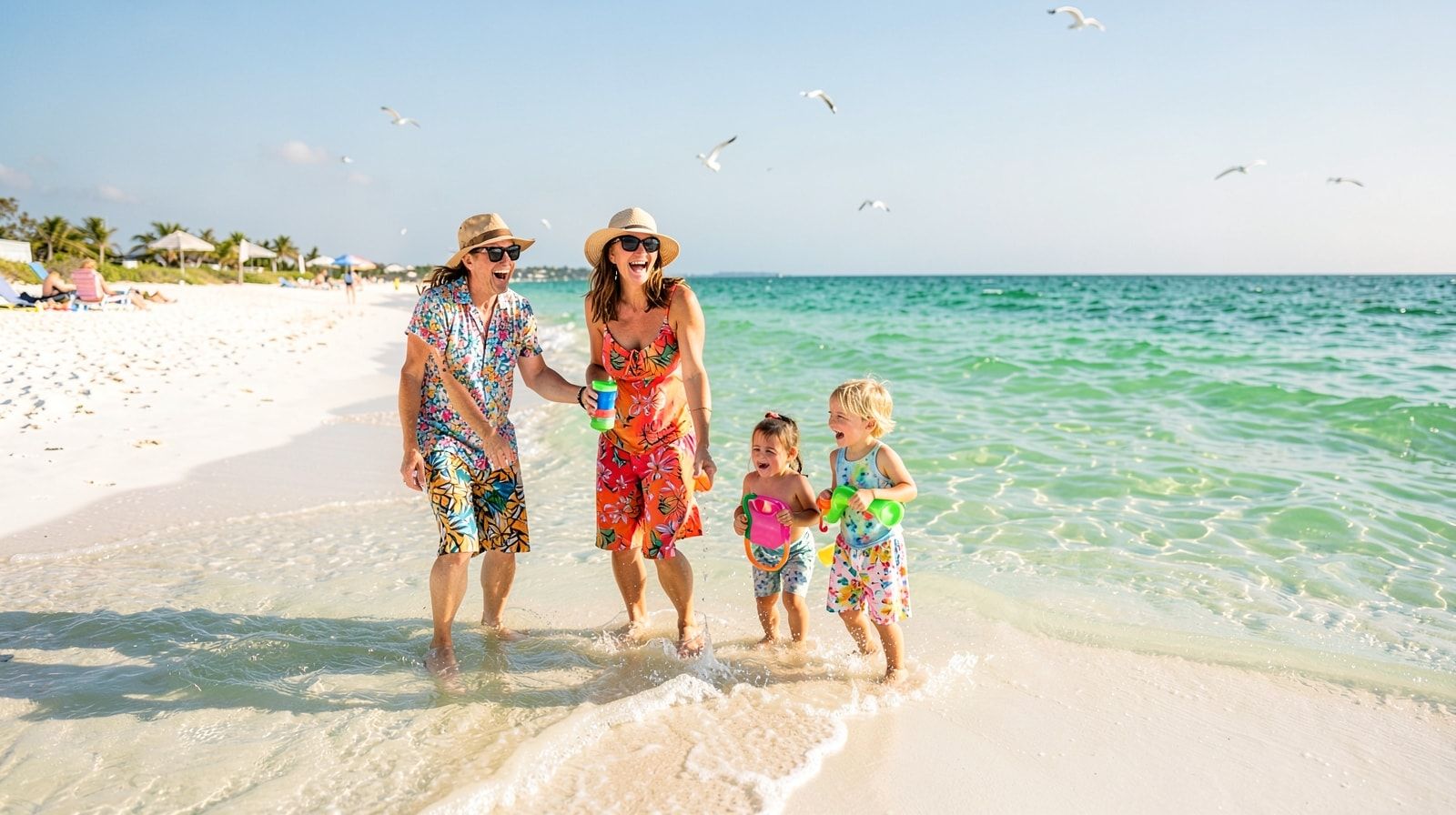 Family of four laughing together in shallow emerald-green Gulf water on a white sand beach