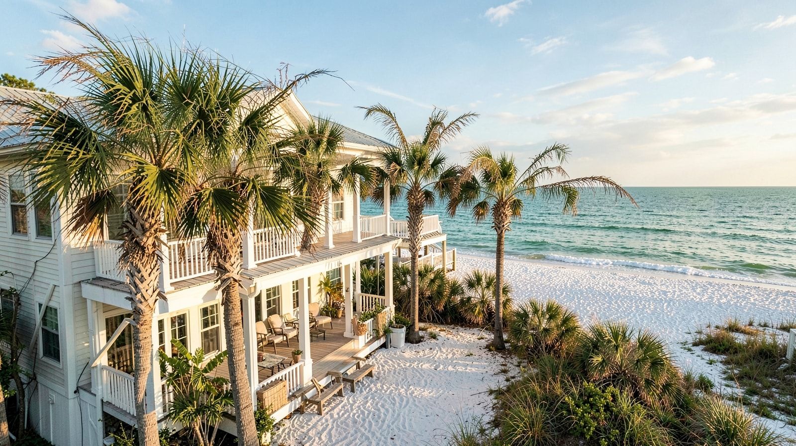 Gulf Coast vacation rental beach house with porch and palm trees in afternoon light
