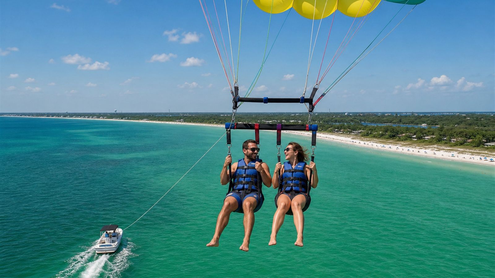 Two people parasailing high above Destin's emerald Gulf waters with the beach and harbor visible far below