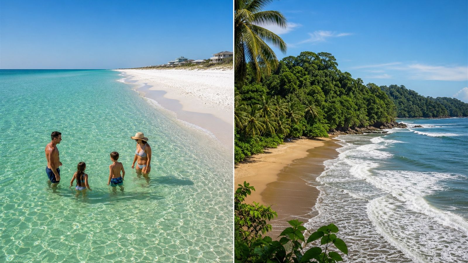 Split-scene comparison of calm Destin Florida Gulf beach with a lush tropical Costa Rica Pacific coastline