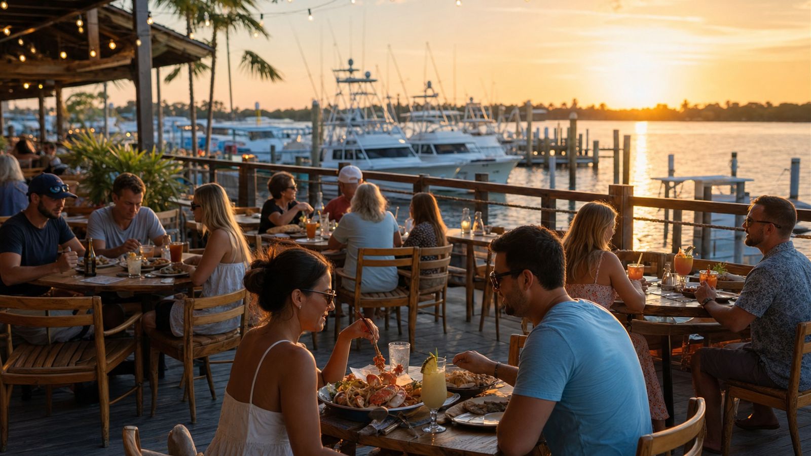Couples dining at an outdoor waterfront seafood restaurant patio at sunset overlooking a Florida marina
