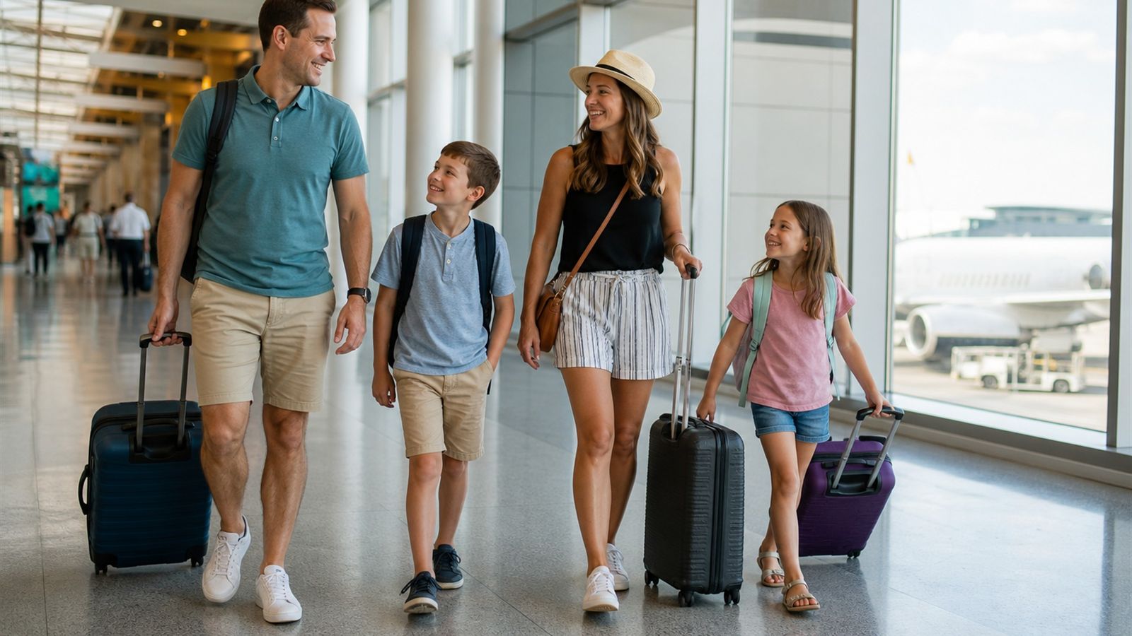 Family pulling luggage through a bright regional US airport terminal heading to their domestic beach vacation