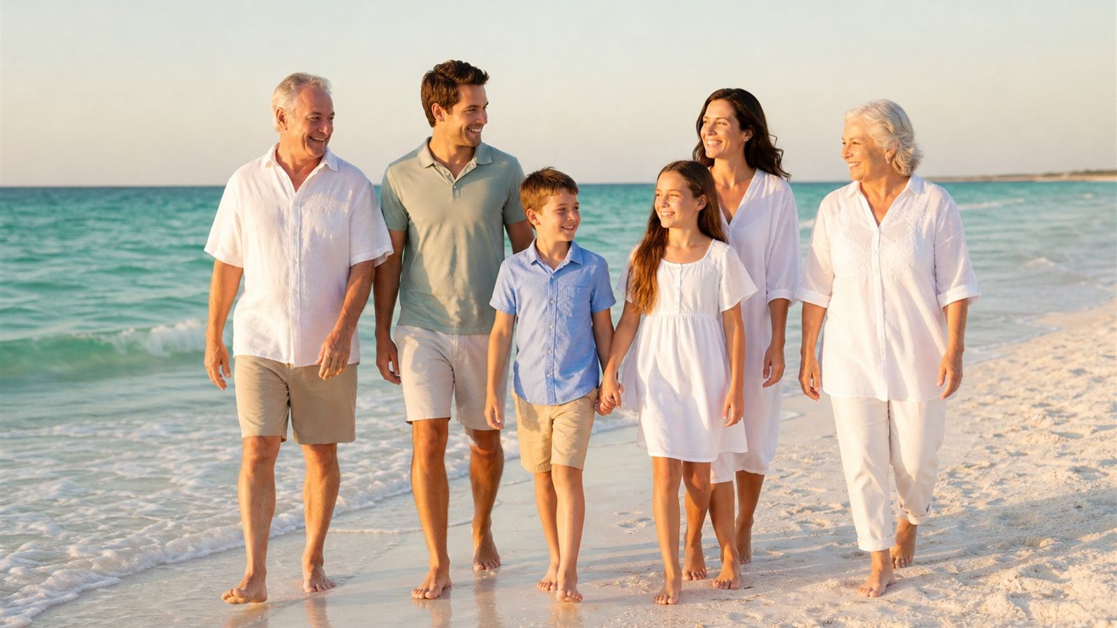 Happy multigenerational family of six walking barefoot together along a white Florida Gulf beach at golden hour