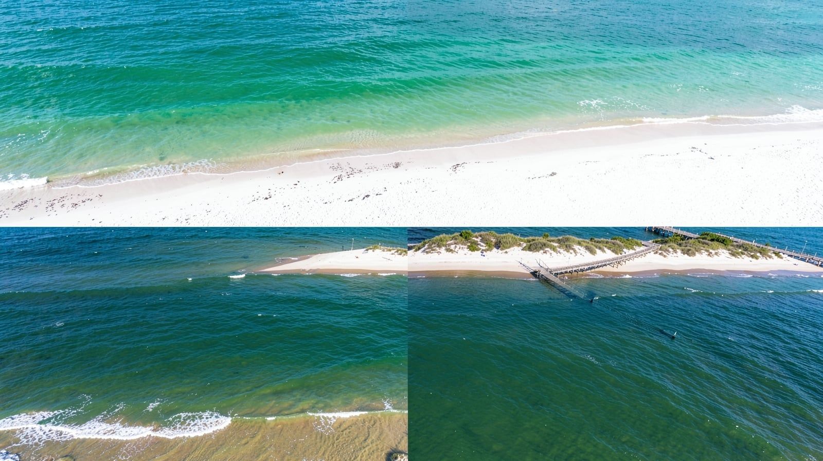 Aerial comparison of Destin's emerald-green Gulf water and sugar-white sand above Emerald Isle's blue-green Atlantic waves and tan-white sand with a wooden fishing pier