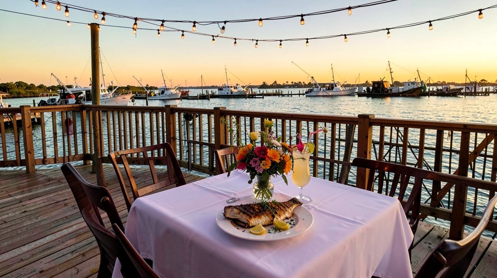 Waterfront restaurant deck overlooking Destin Harbor at golden hour with a table of fresh Gulf grouper and cocktails under string lights and fishing boats returning in the background