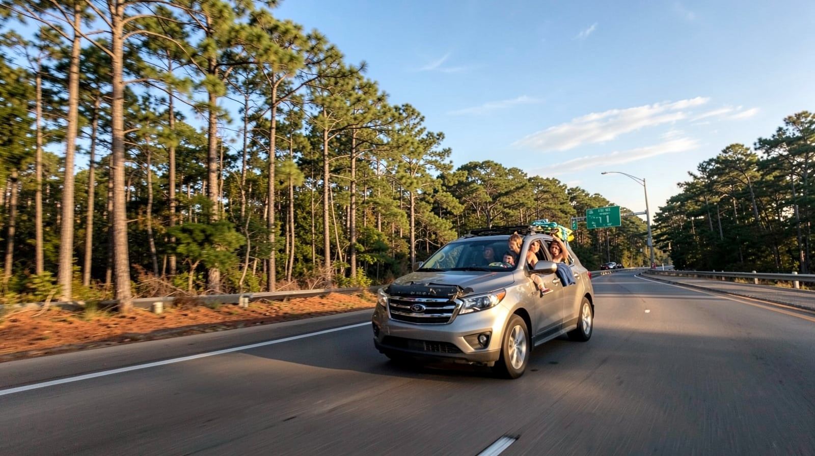 Family SUV loaded with beach gear driving through pine forests of the Southeast US on a summer afternoon on the way to the coast