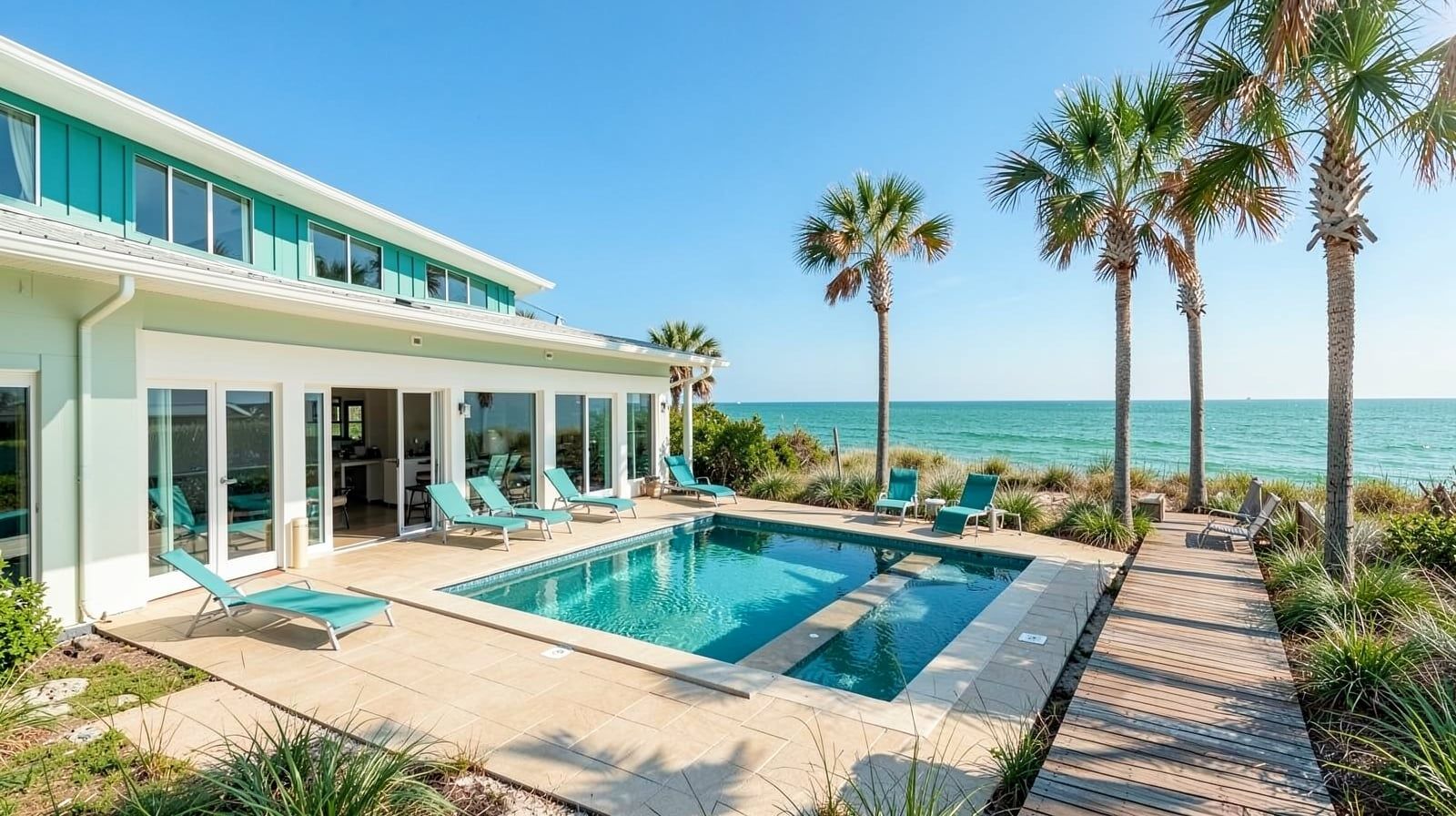 Modern Miramar Beach Florida vacation rental home with a private backyard pool and a boardwalk over dunes leading to the emerald Gulf on a sunny summer afternoon