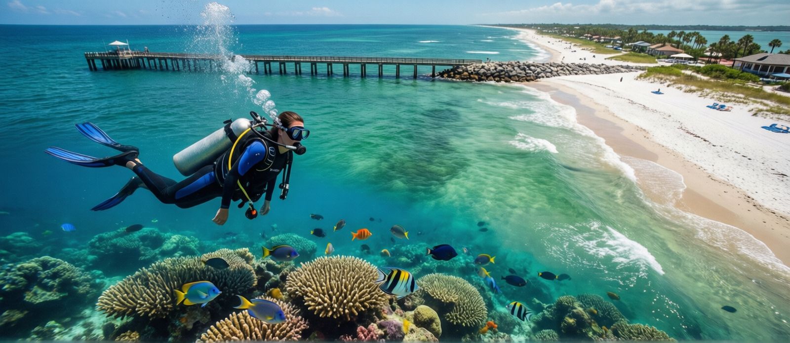 Snorkeler exploring clear emerald water near the Destin East Jetty in Florida with colorful fish visible in the reef