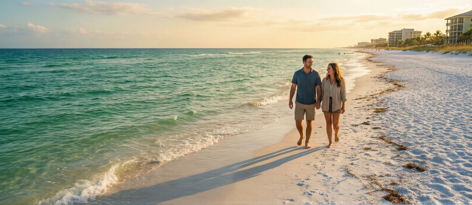 Couple walking along a nearly empty Destin Florida beach in October with warm turquoise water and golden late-afternoon light