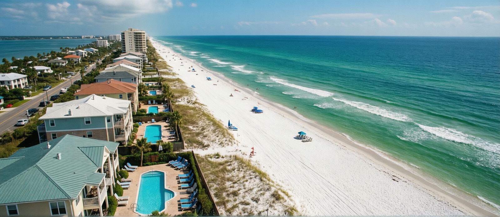 Wide panoramic aerial view of Miramar Beach Florida showing white sand, turquoise Gulf, and vacation rental homes with private pools