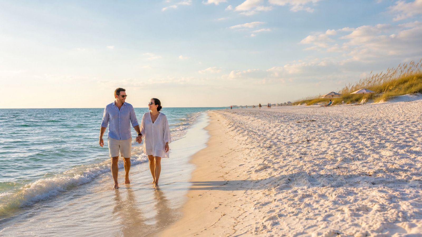 Couple walking on a nearly empty white sand Florida Gulf Coast beach in early fall with warm blue-green water and golden afternoon light