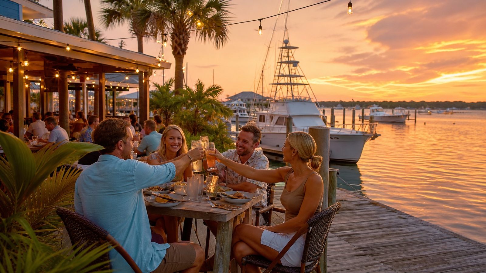 Golden hour outdoor dining at a Florida Gulf Coast marina restaurant with string lights and sunset reflecting on calm water