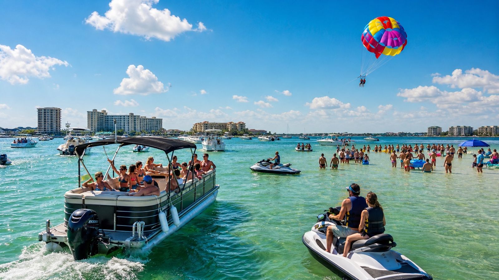 Busy Florida Gulf marina with parasailing, pontoon boats, and jet skis heading to a sandbar in emerald water