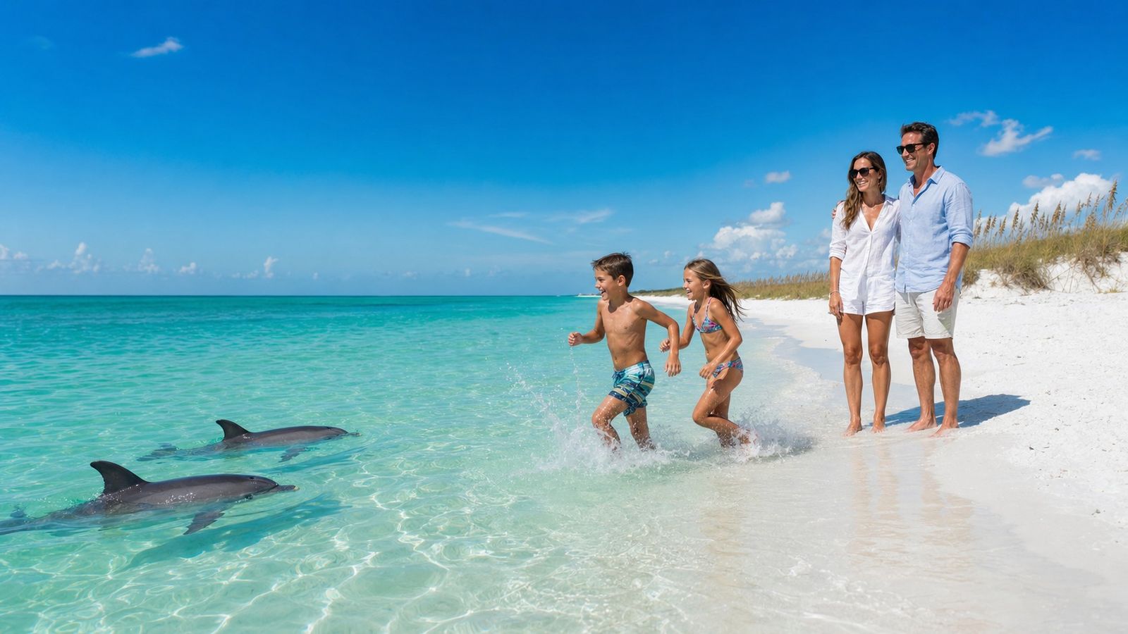 Happy family with two children splashing in emerald Gulf of Mexico water at a Florida beach while dolphins swim nearby
