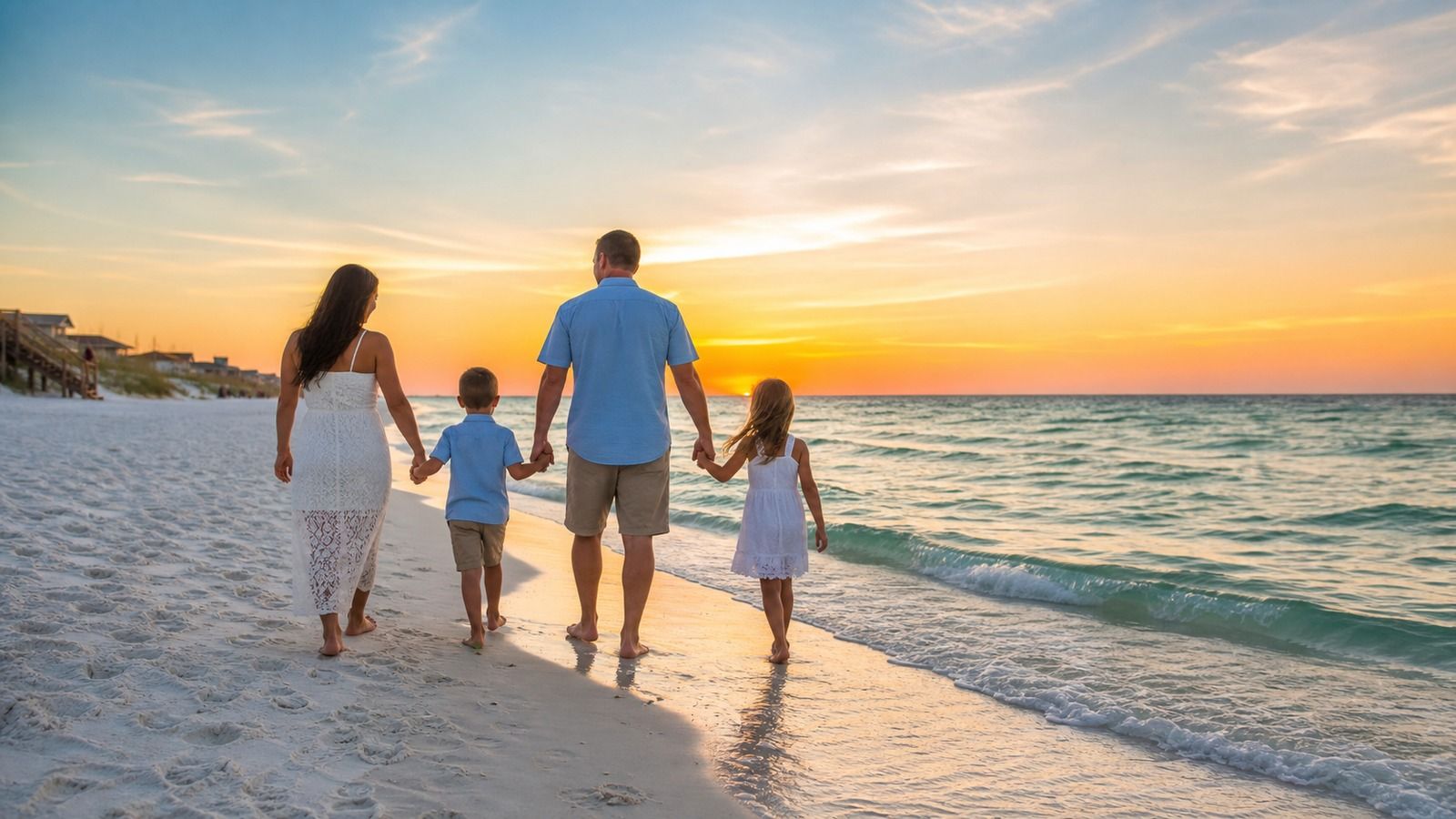 Family walking along the water's edge on a white sand Florida Panhandle beach at sunset with the emerald Gulf glowing golden