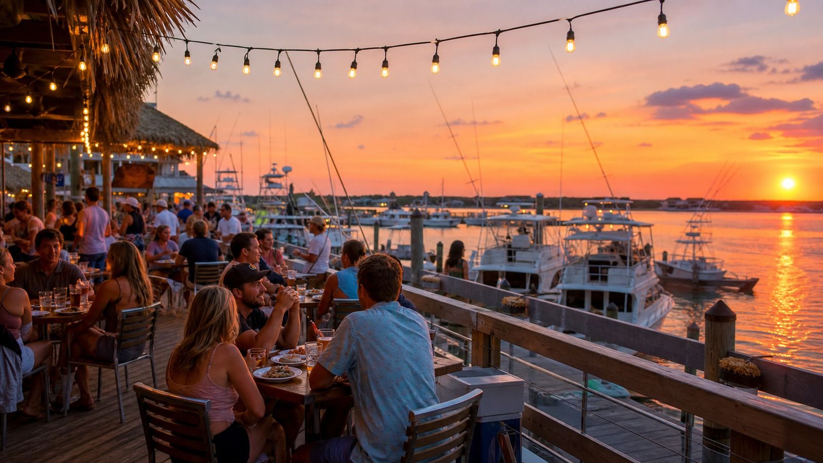 Outdoor waterfront bar at Destin Harbor glowing with string lights at golden hour with boats docked and guests enjoying seafood