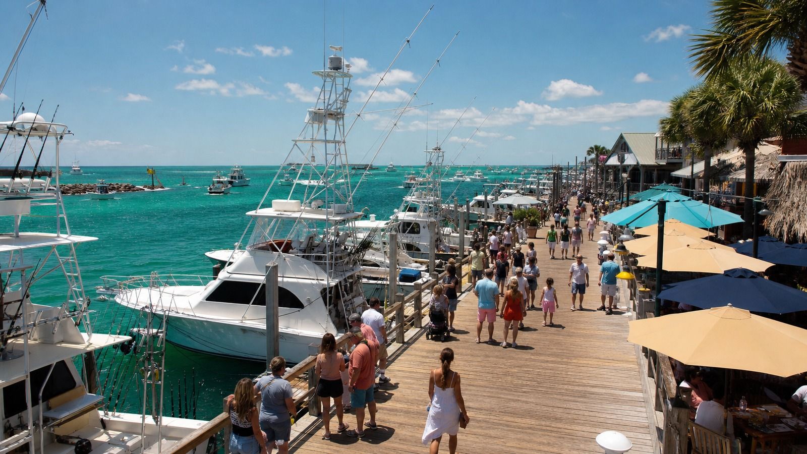 Destin Harbor boardwalk with charter boats, waterfront restaurants, and emerald Gulf water on a busy summer afternoon