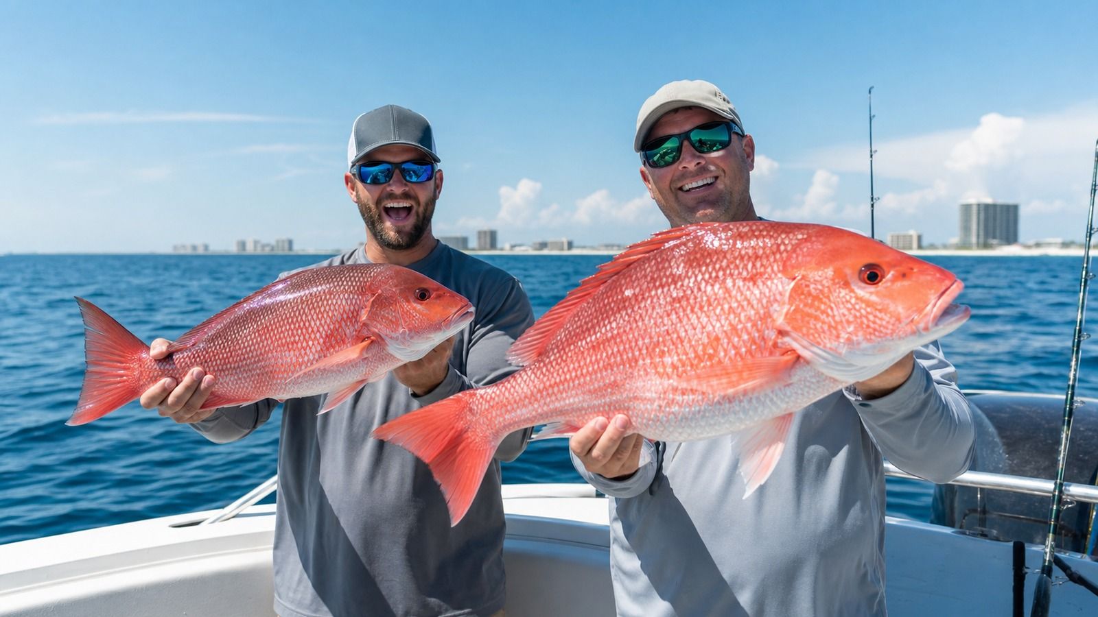 Anglers holding up red snapper catches on a private Destin fishing charter boat in the Gulf of Mexico