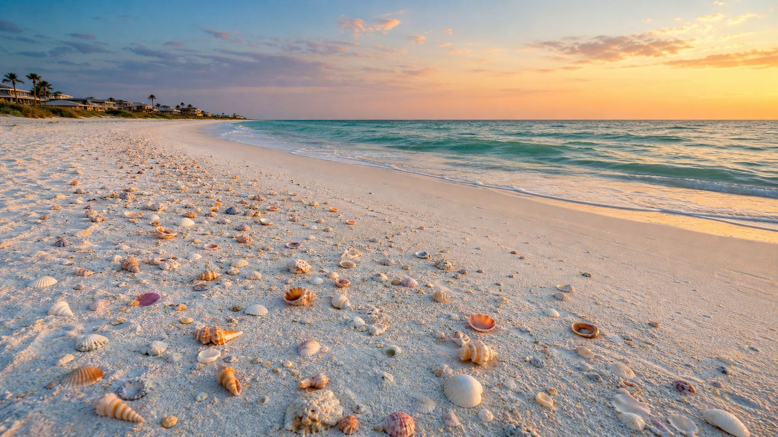 Destin's emerald white sand beach next to Sanibel Island's shell-covered shoreline
