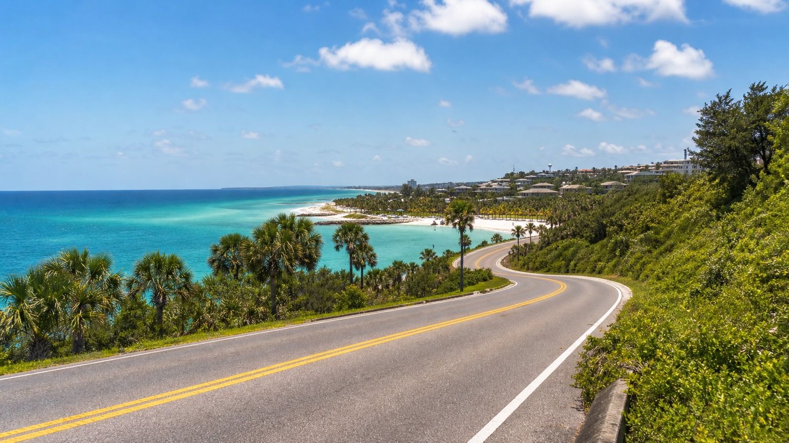 Scenic highway drive to the Florida Gulf Coast with the Gulf of Mexico visible ahead