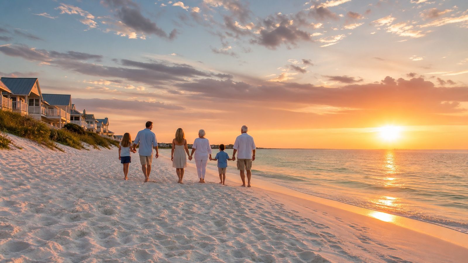 Family on a white sand Gulf Coast beach at sunset deciding on their vacation destination