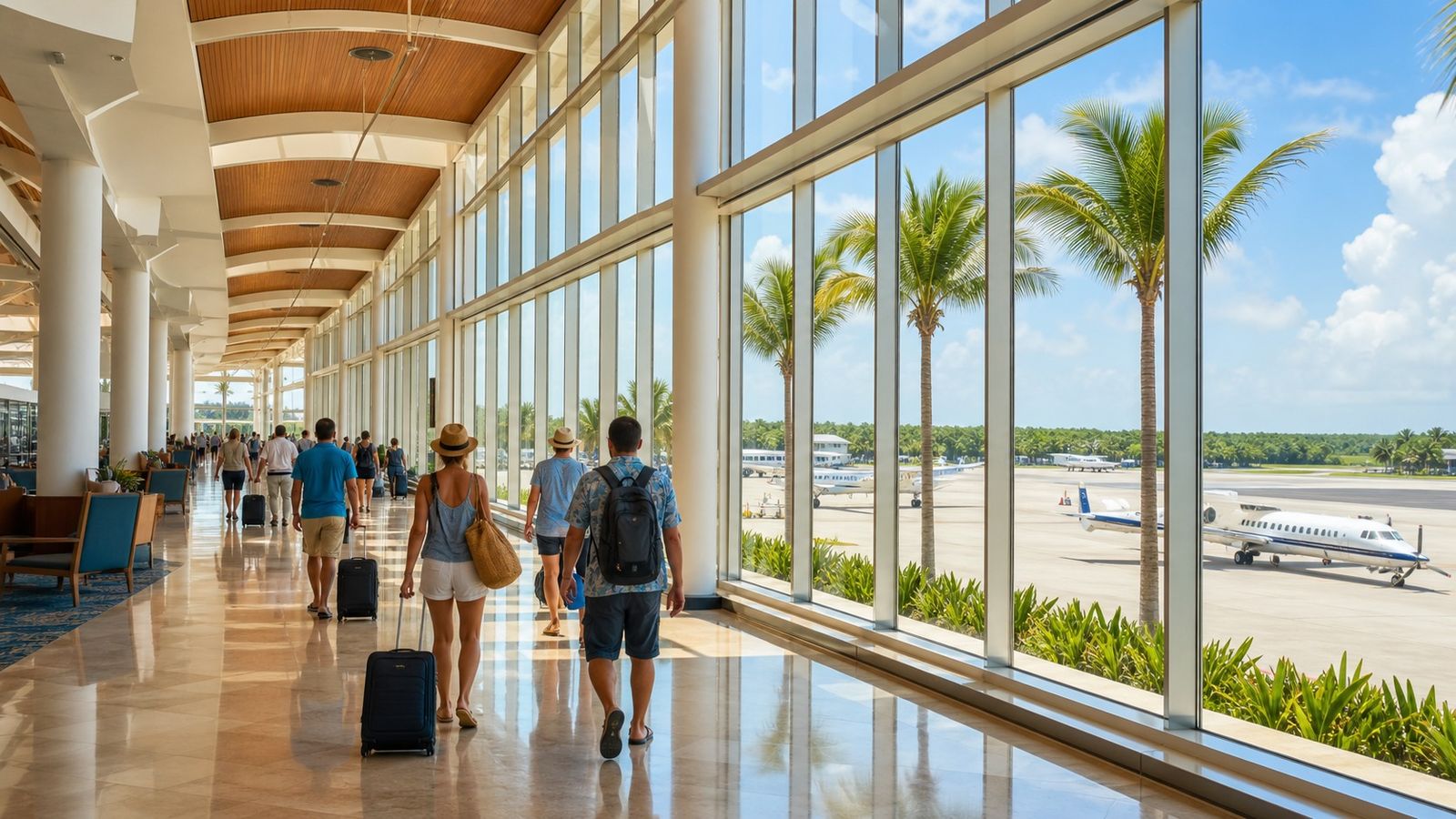 Sunlit regional Florida airport terminal with summer travelers and palm trees visible through large windows
