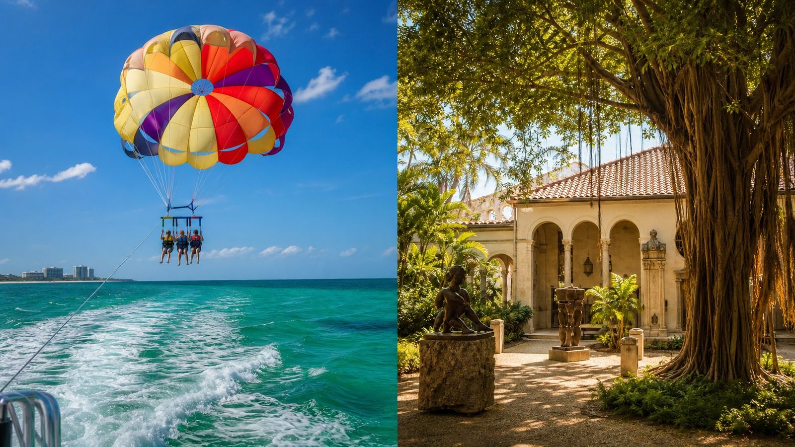 Parasailing over the emerald Gulf near Destin on one side, a Florida museum courtyard with tropical gardens on the other