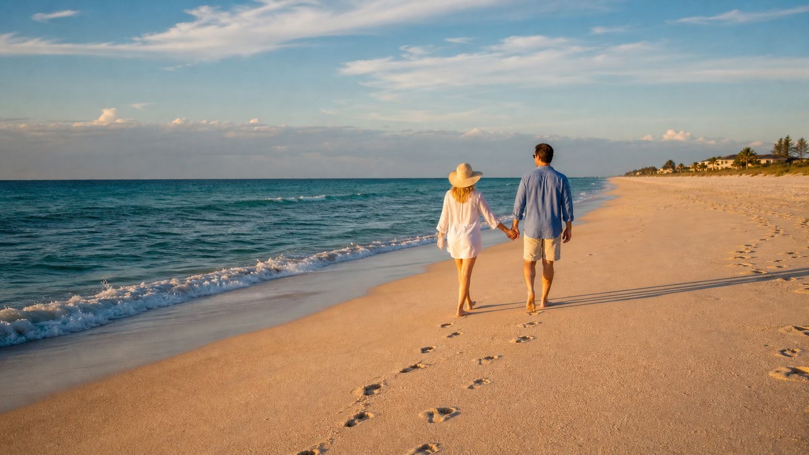 Couple walking on an empty Florida Gulf beach in warm autumn afternoon light with golden sand and teal water