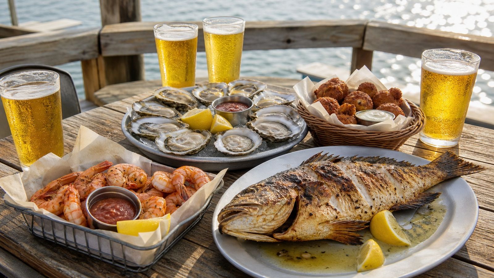 Fresh Gulf seafood spread at a waterfront Florida fish house including grilled grouper, shrimp, oysters, and cold beer