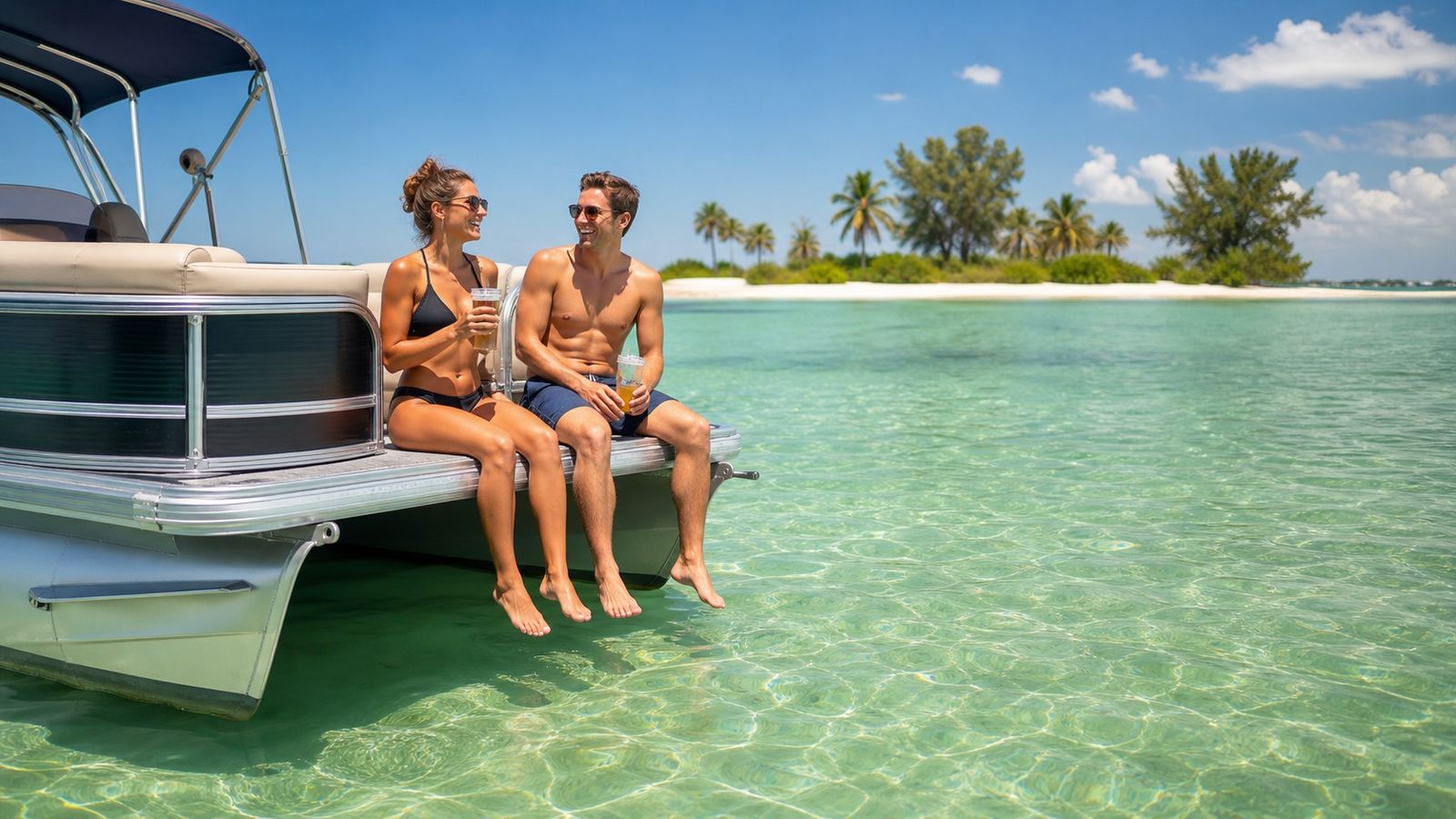 Two people relaxing on a pontoon boat anchored in shallow emerald Gulf water near a Florida sandbar