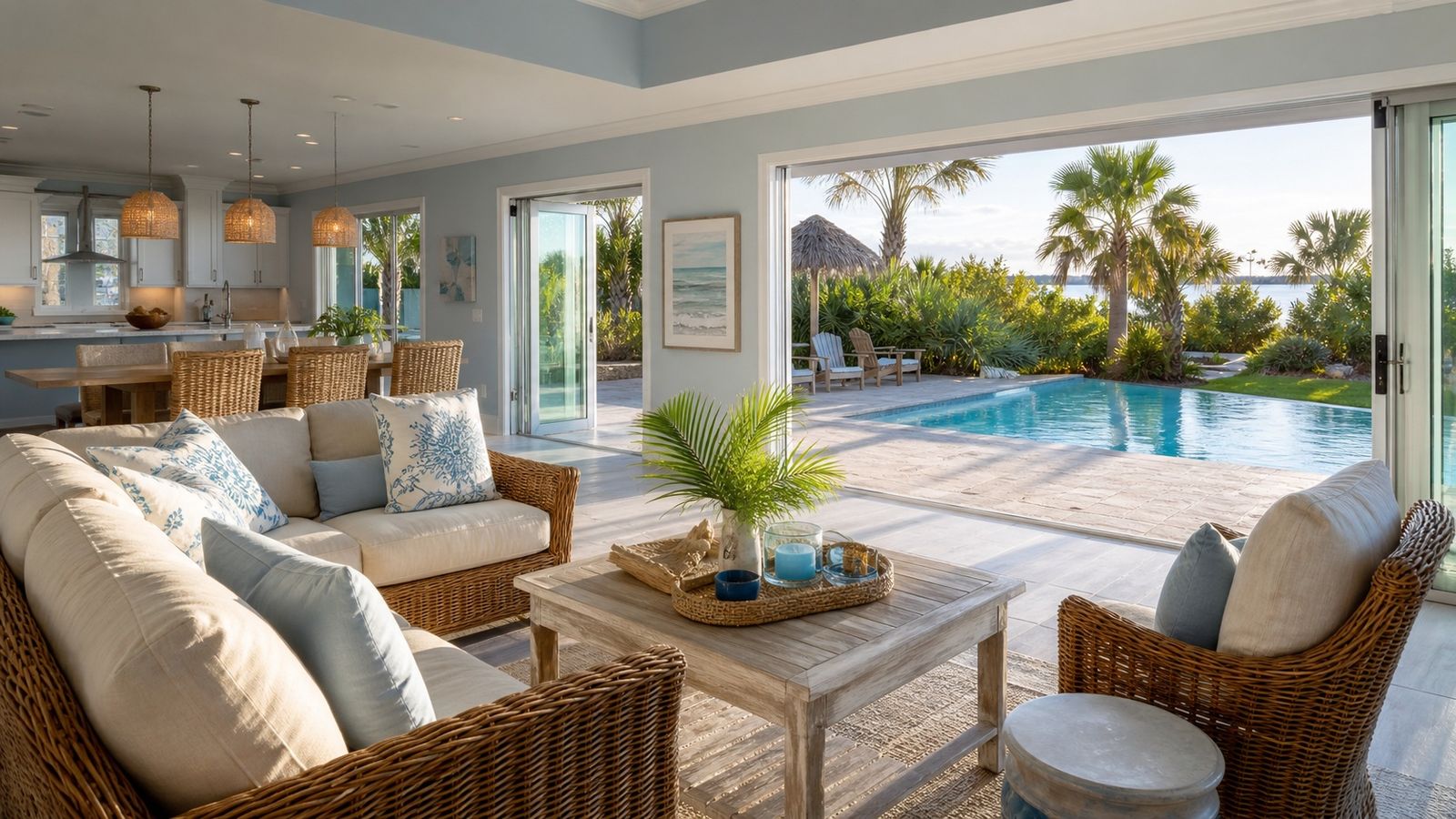 Bright coastal Florida vacation rental living area with open sliding doors leading to a private pool and tropical backyard