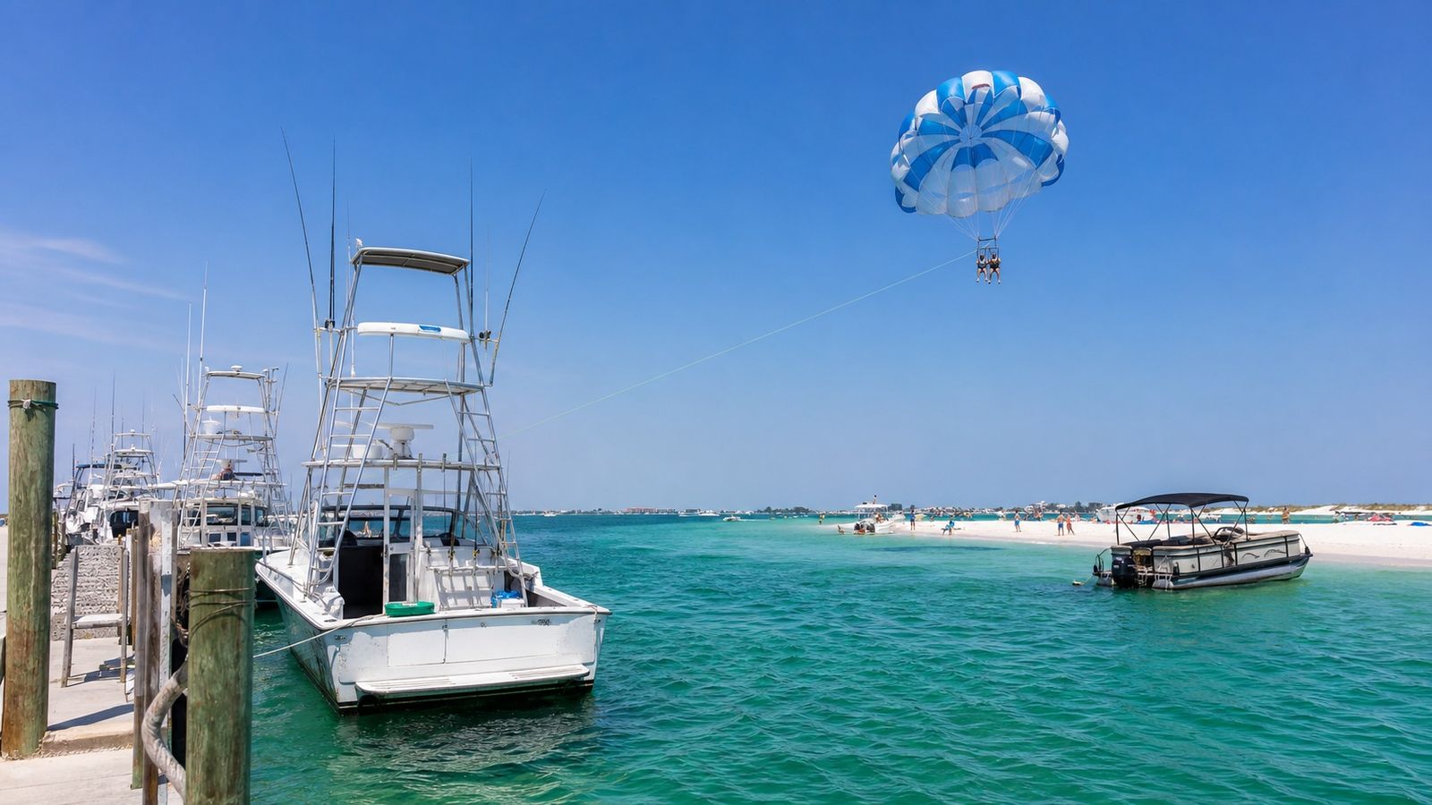 Parasailers ascending over emerald Destin Harbor with pontoon boats anchored at Crab Island sandbar in the background