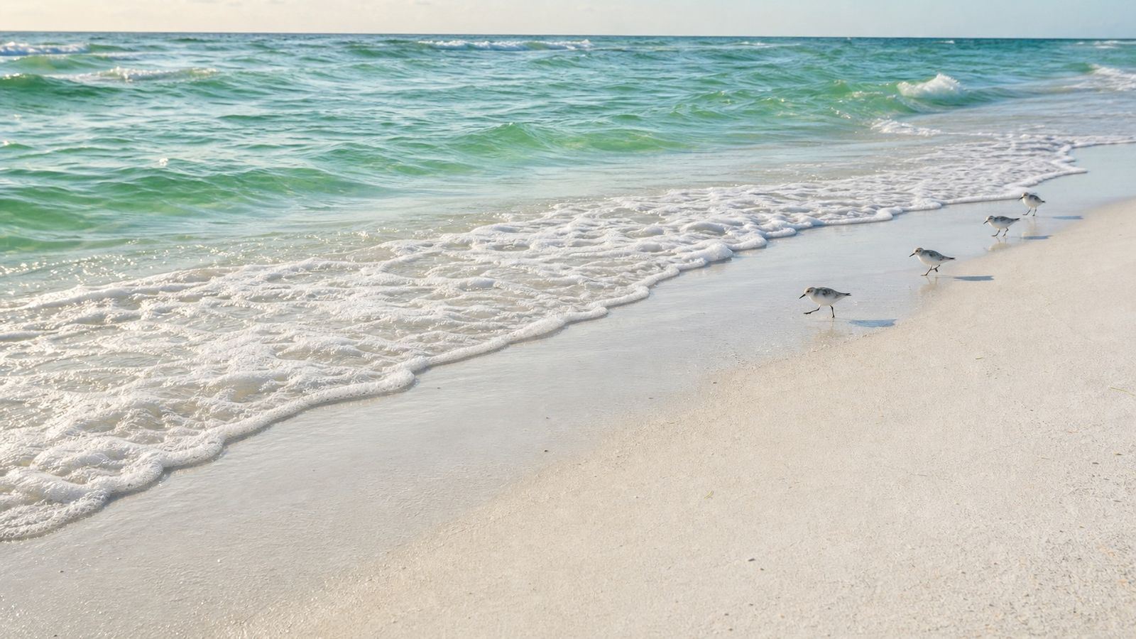 Brilliant white quartz sand meeting vivid emerald-green Gulf water at a Destin Florida beach at low tide