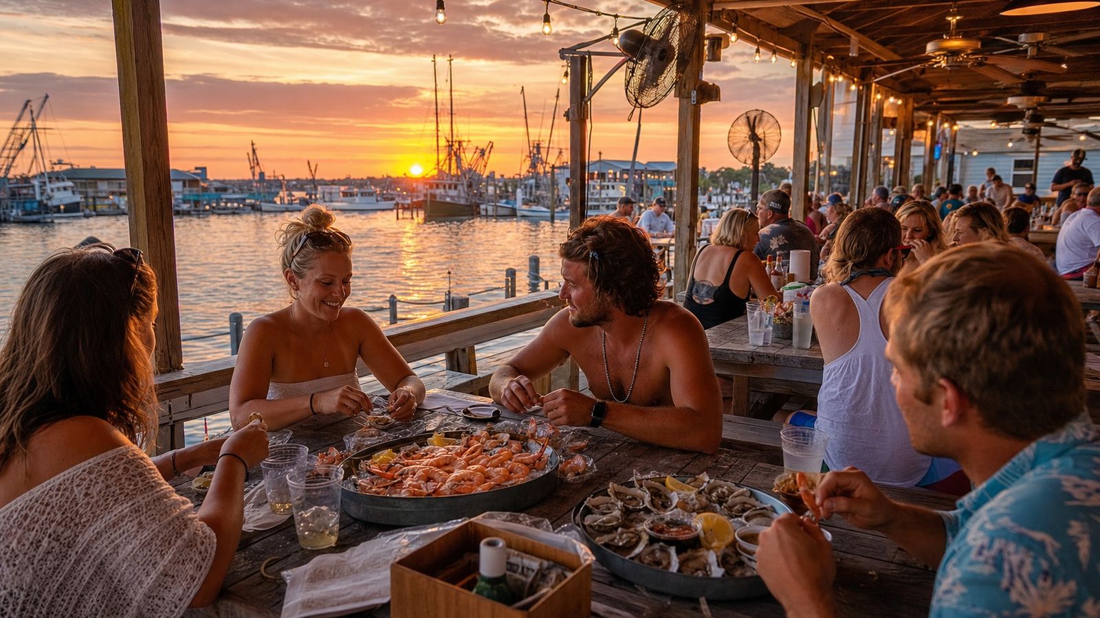 Casual outdoor waterfront seafood restaurant on Destin Harbor at golden hour sunset with fresh Gulf seafood on the tables