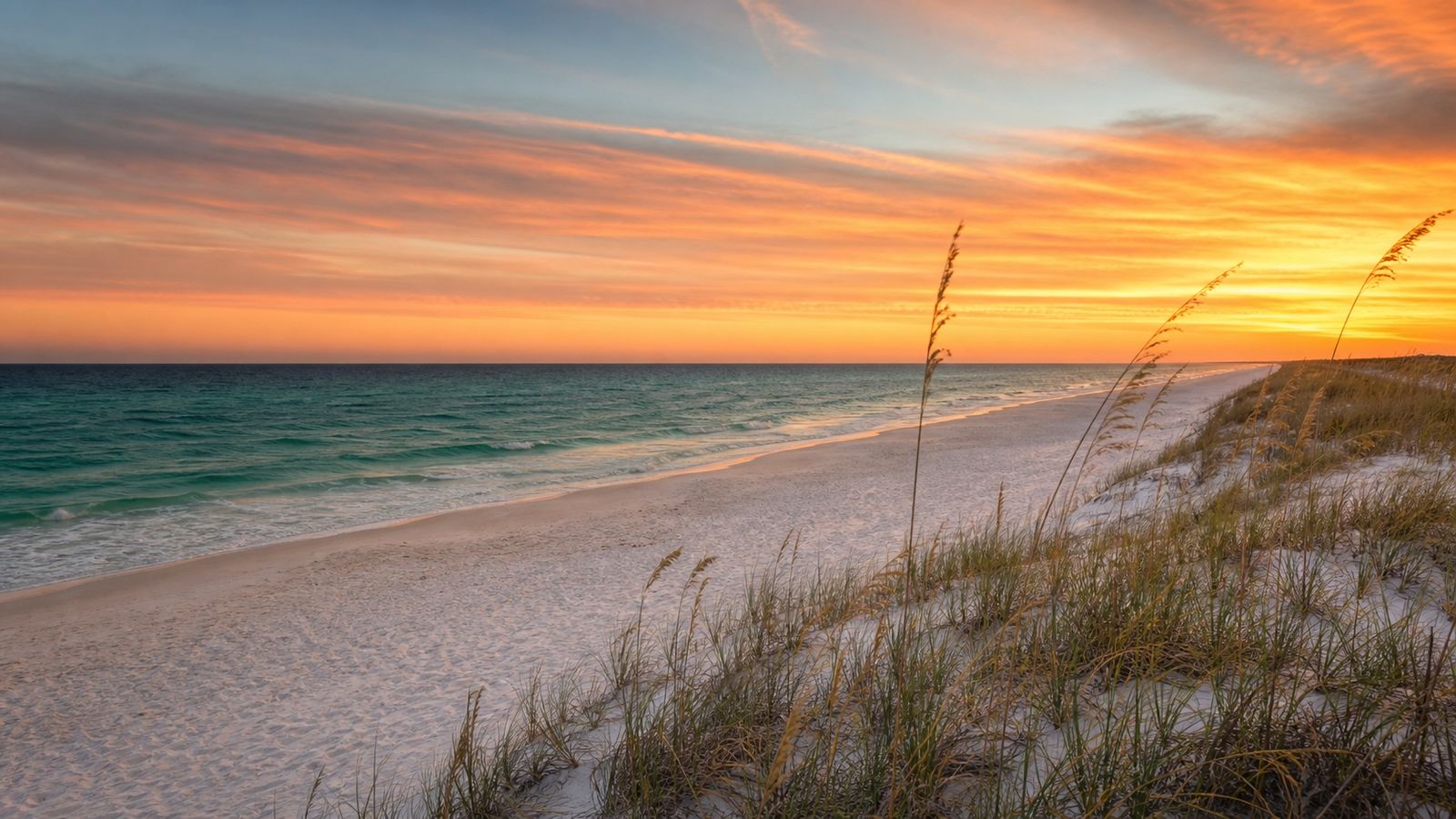 Pristine Henderson Beach State Park in Destin Florida at golden hour with emerald Gulf water and undeveloped white sand dunes