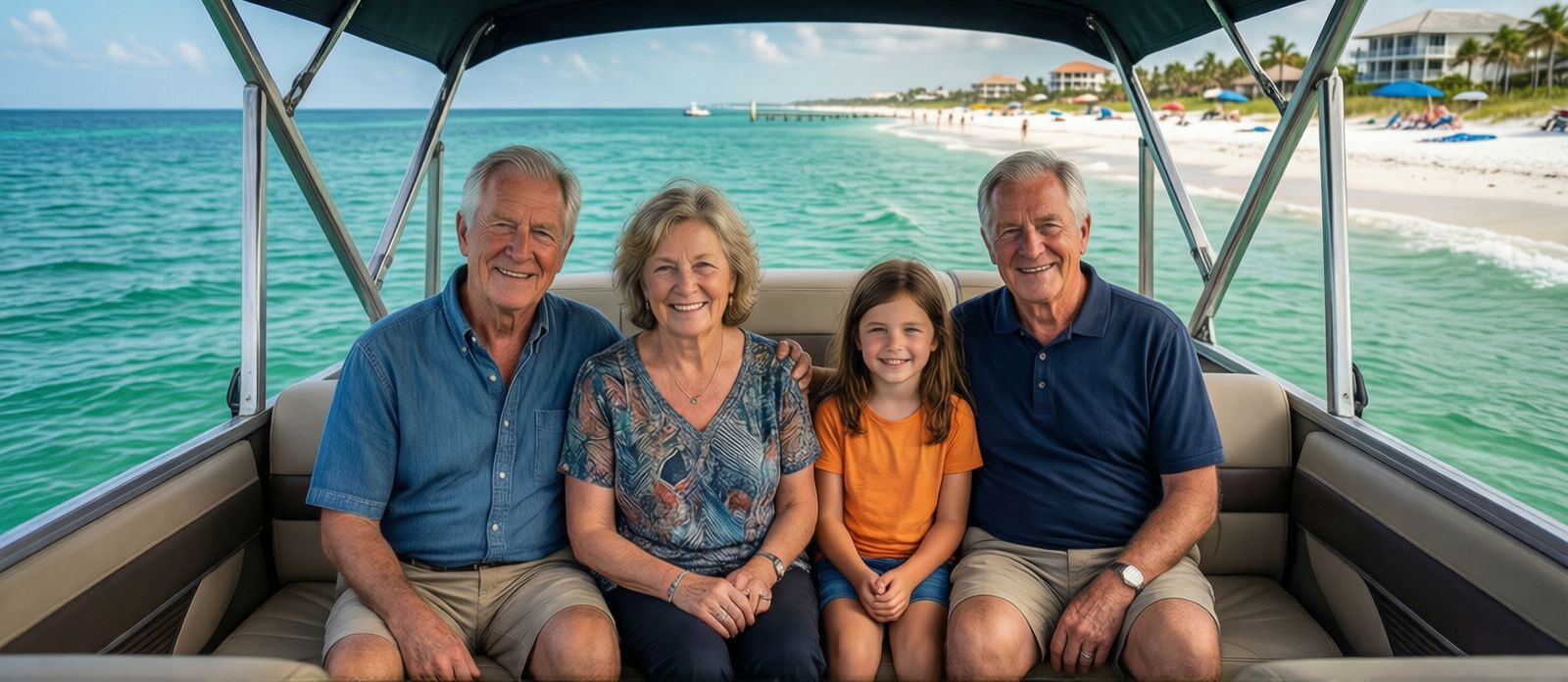 Multi-generational family boarding a pontoon boat at Destin Harbor for a calm-water cruise, grandparents and grandchildren on deck with the emerald Gulf visible in the background