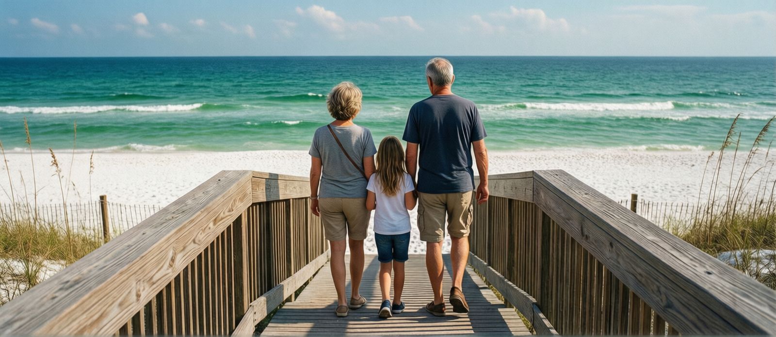 Grandparent and grandchild walking down a wooden beach access boardwalk toward the emerald green Gulf of Mexico at a Destin public beach on a sunny morning