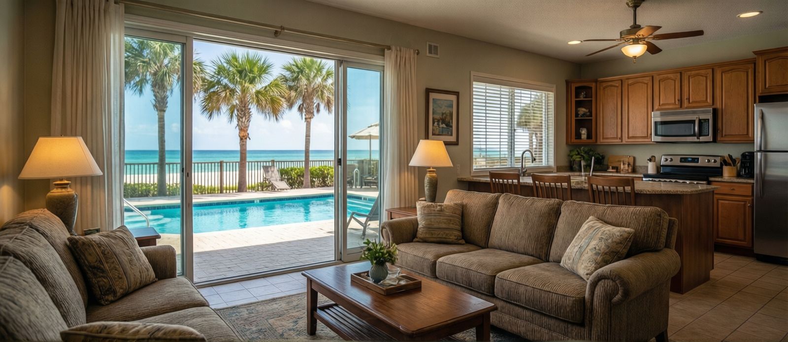 Comfortable open-concept vacation rental living room and kitchen in Miramar Beach Florida with sliding glass doors opening to a sunny private pool patio and palm trees
