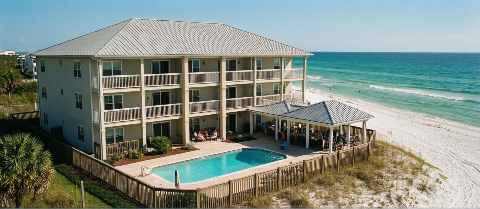 Large multi-bedroom vacation rental house in Miramar Beach Florida with private pool and covered patio for a multi-generational family gathering