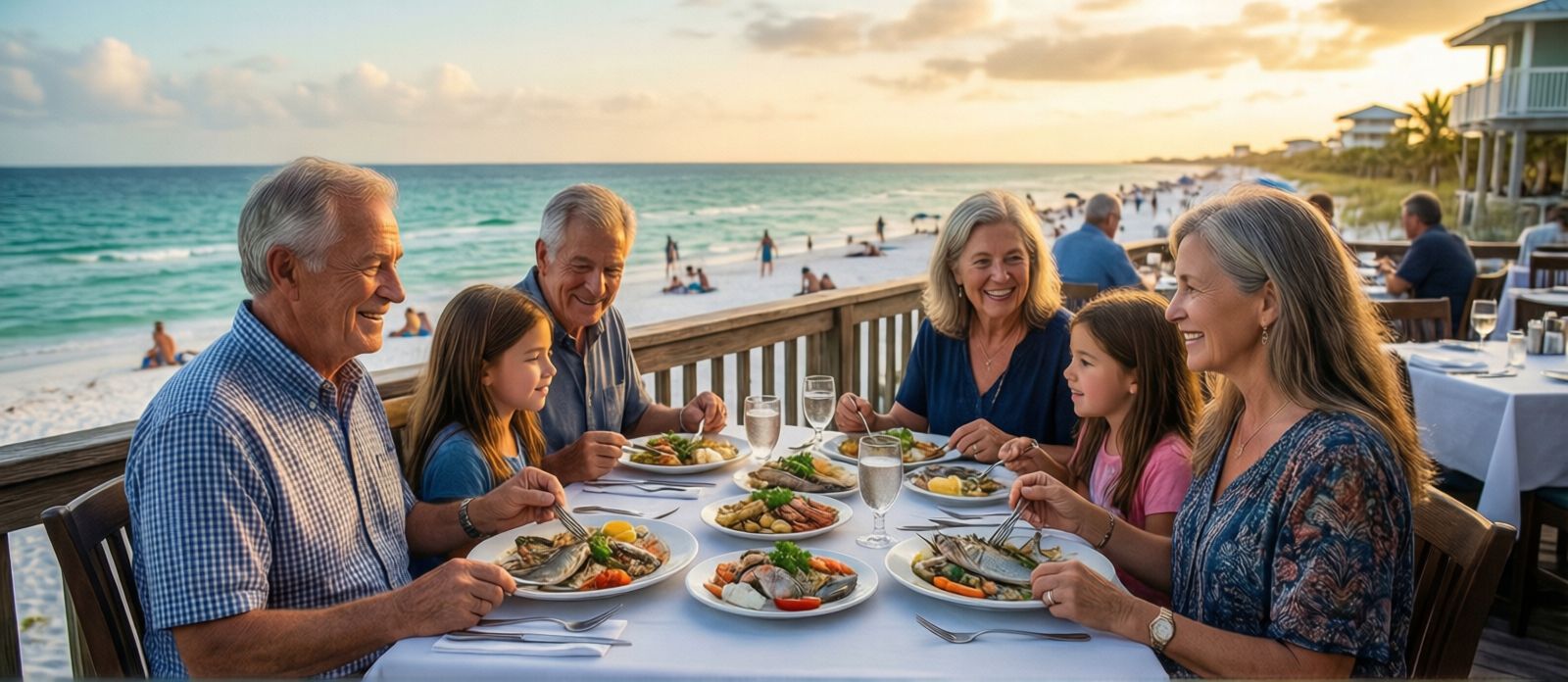 Multi-generational family including grandparents and grandchildren dining together at a waterfront seafood restaurant on Destin Harbor at golden hour