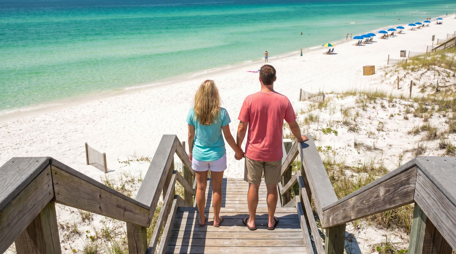 Couple seeing the emerald green Gulf of Mexico for the first time through a beach access boardwalk at Destin Florida, white sand and turquoise water ahead