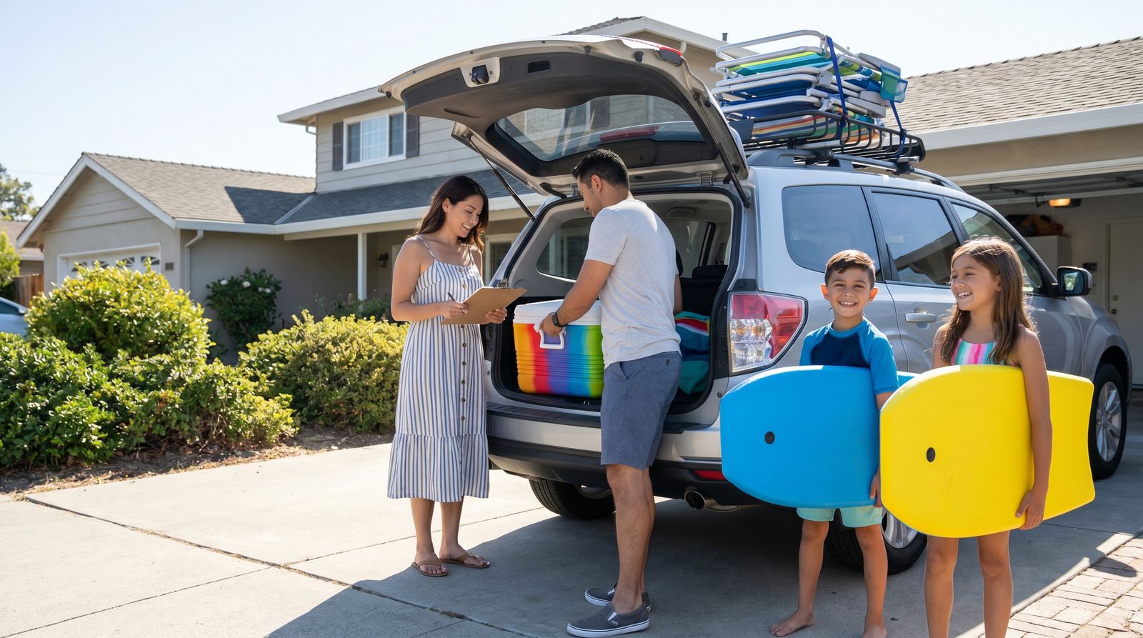 Family loading a silver SUV with beach chairs, cooler, and boogie boards in a sunny suburban driveway, kids excited for a Destin road trip